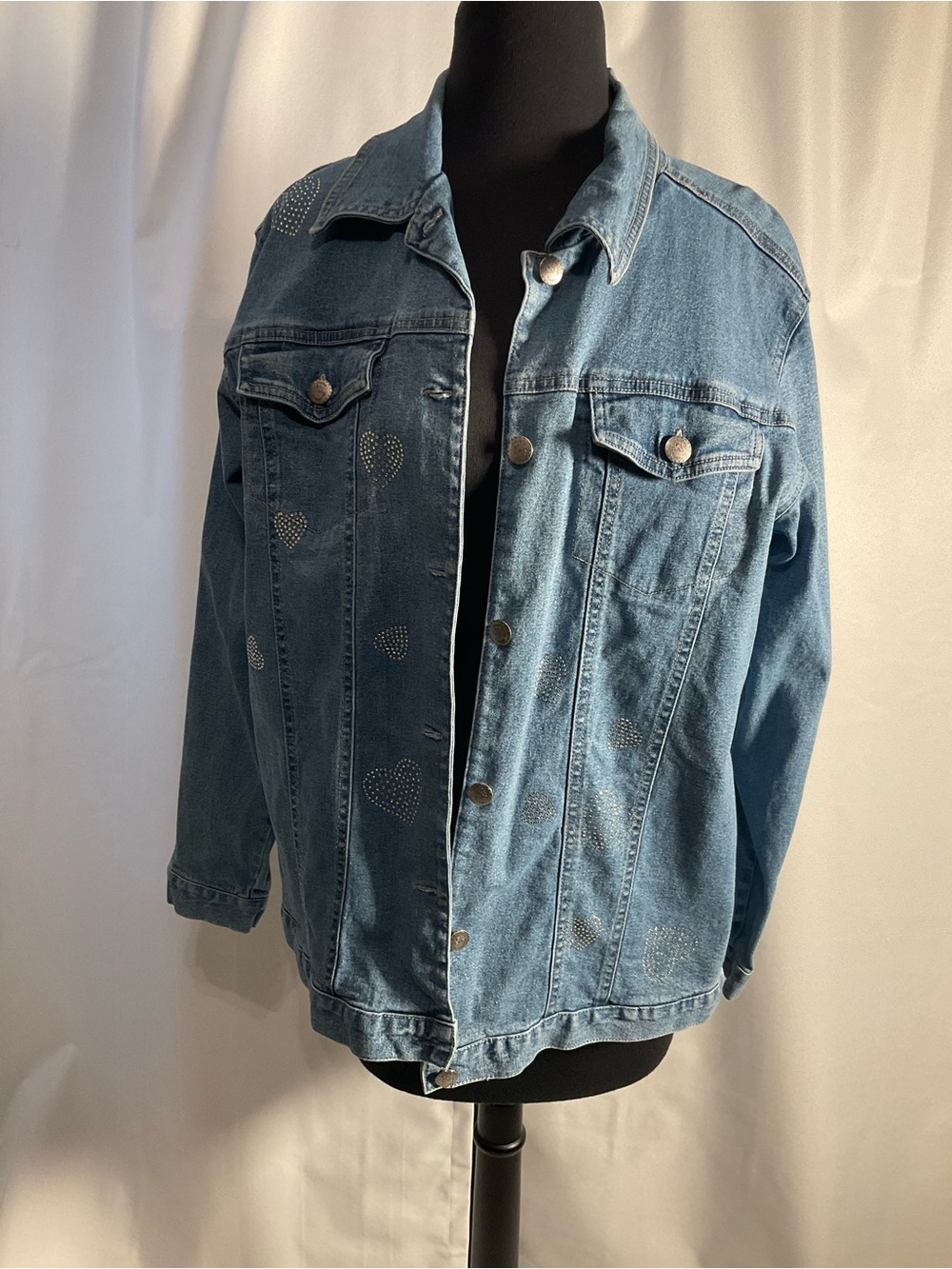 Light Blue Denim Shirt Jacket with Heart Stud Accents